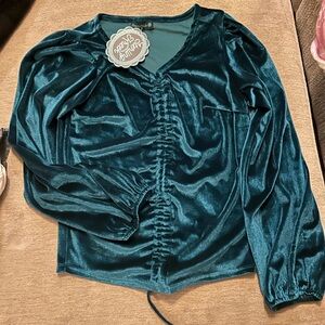 Elegant Velvet Ruched Blouse in Teal
